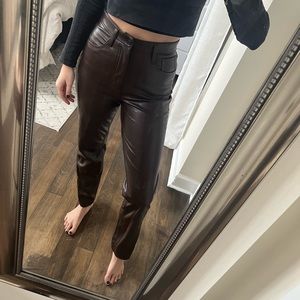 Vegan leather, brown, high rise straight leg pants